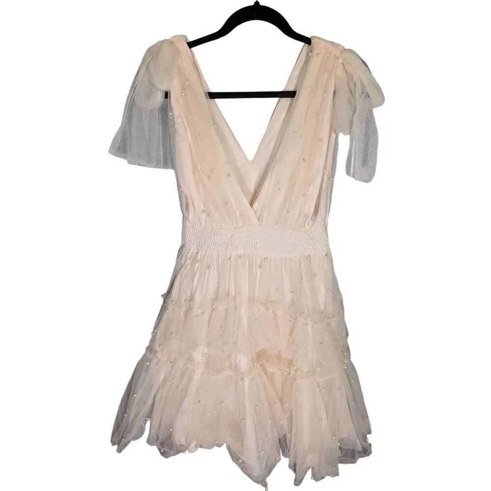 Mable White Pearl Stud/ Swiss Tulle Mini Dress Women's Medium